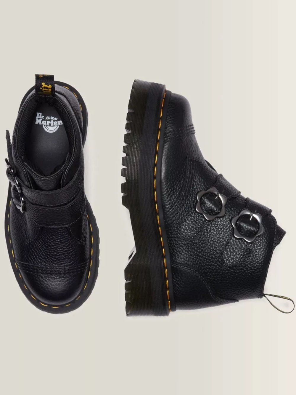 Dr. Martens Black Pebbled Leather Double-Buckle Platform Ankle Boot NWOT - Picture 2 of 2